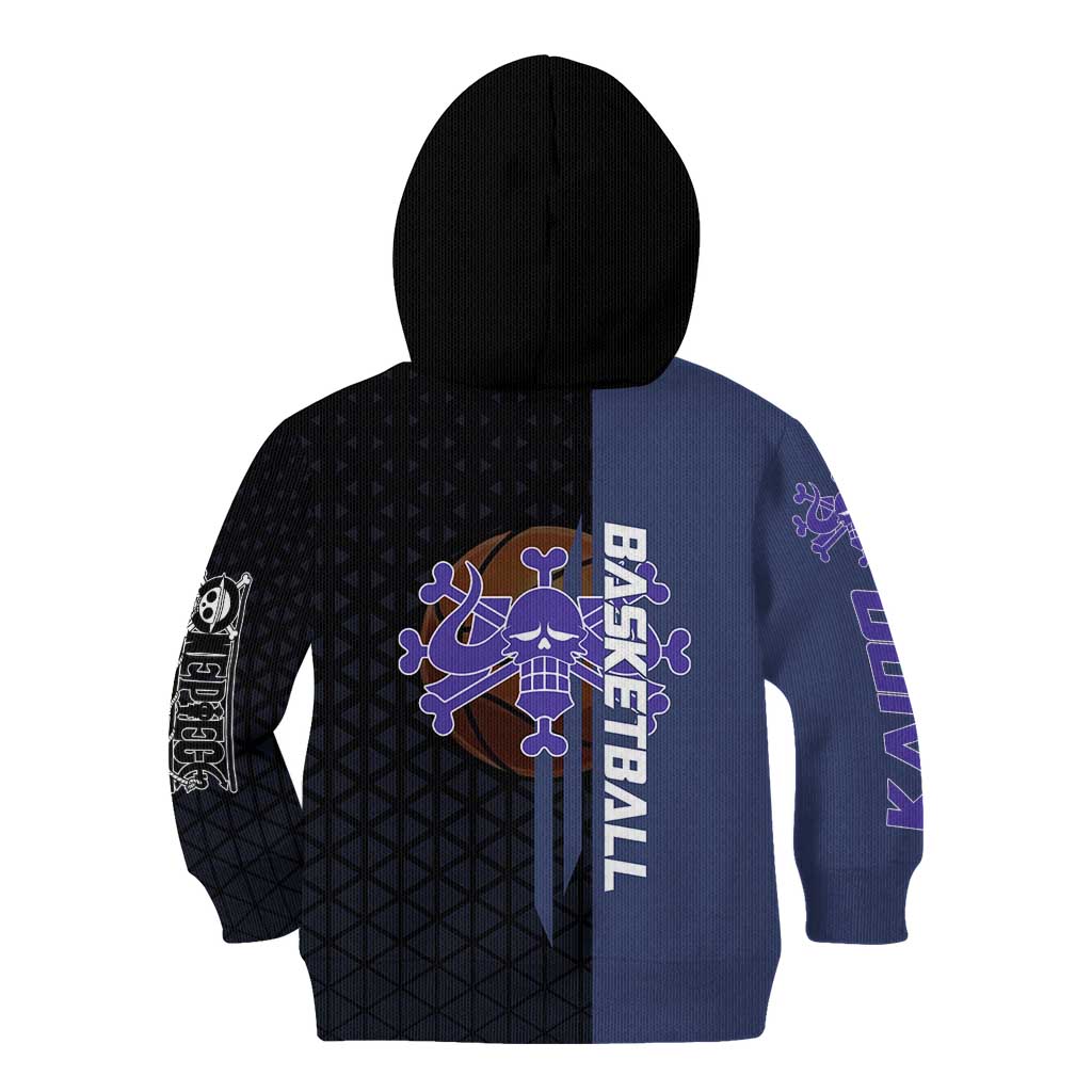 Kaido One Piece Basketball Theme Navy and Black Design Kid Hoodie with Dragon Skull Emblem and Power Dunk Pose - The Mazicc