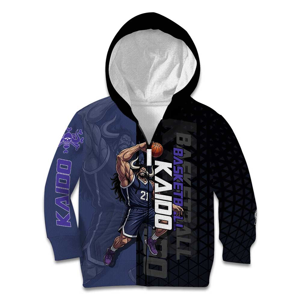 Kaido One Piece Basketball Theme Navy and Black Design Kid Hoodie with Dragon Skull Emblem and Power Dunk Pose - The Mazicc
