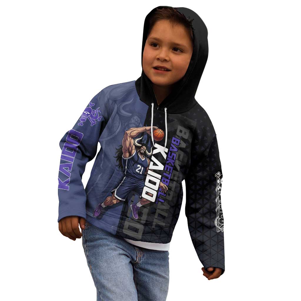 Kaido One Piece Basketball Theme Navy and Black Design Kid Hoodie with Dragon Skull Emblem and Power Dunk Pose - The Mazicc