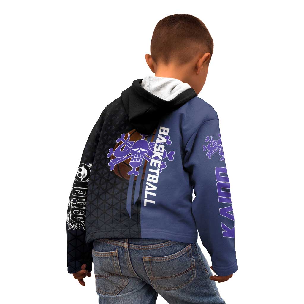 Kaido One Piece Basketball Theme Navy and Black Design Kid Hoodie with Dragon Skull Emblem and Power Dunk Pose - The Mazicc