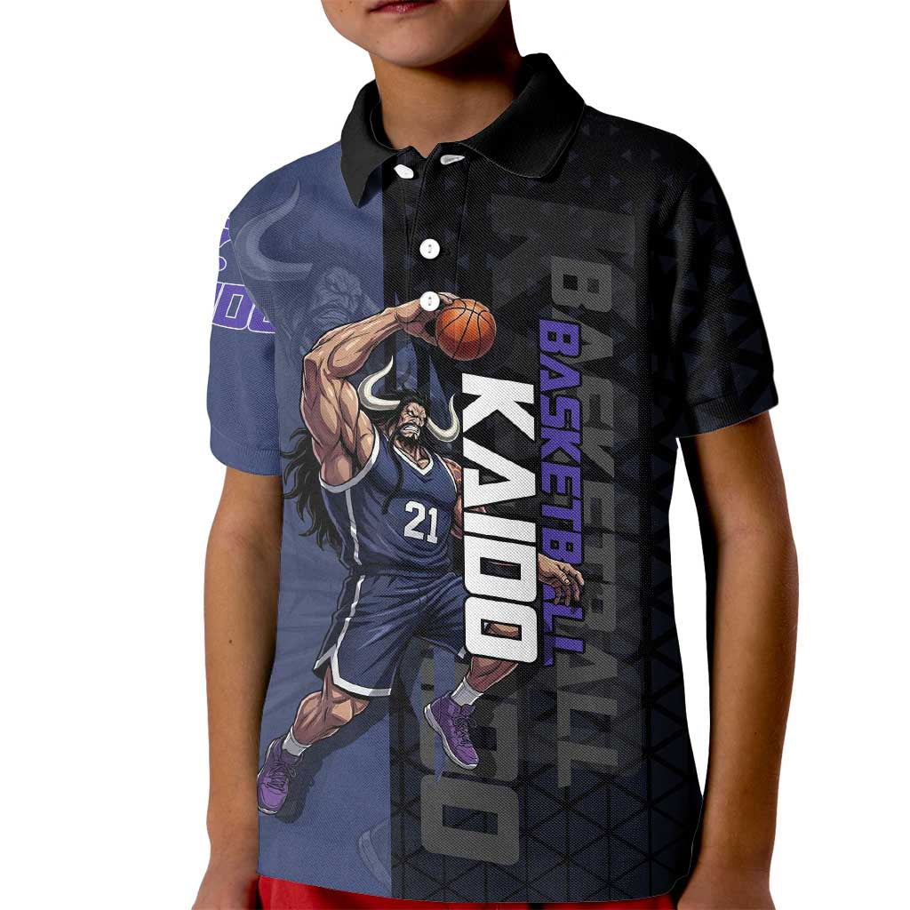 Kaido One Piece Basketball Theme Navy and Black Design Kid Polo Shirt with Dragon Skull Emblem and Power Dunk Pose - The Mazicc