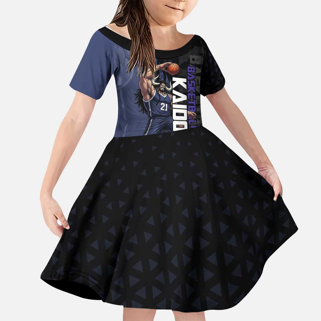 Kaido One Piece Basketball Theme Navy and Black Design Kid Short Sleeve Dress with Dragon Skull Emblem and Power Dunk Pose - The Mazicc