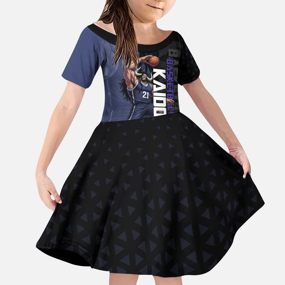 Kaido One Piece Basketball Theme Navy and Black Design Kid Short Sleeve Dress with Dragon Skull Emblem and Power Dunk Pose - The Mazicc