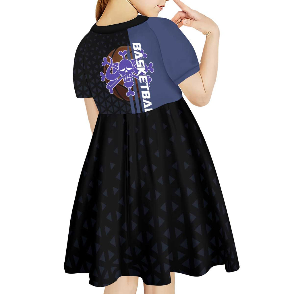 Kaido One Piece Basketball Theme Navy and Black Design Kid Short Sleeve Dress with Dragon Skull Emblem and Power Dunk Pose - The Mazicc