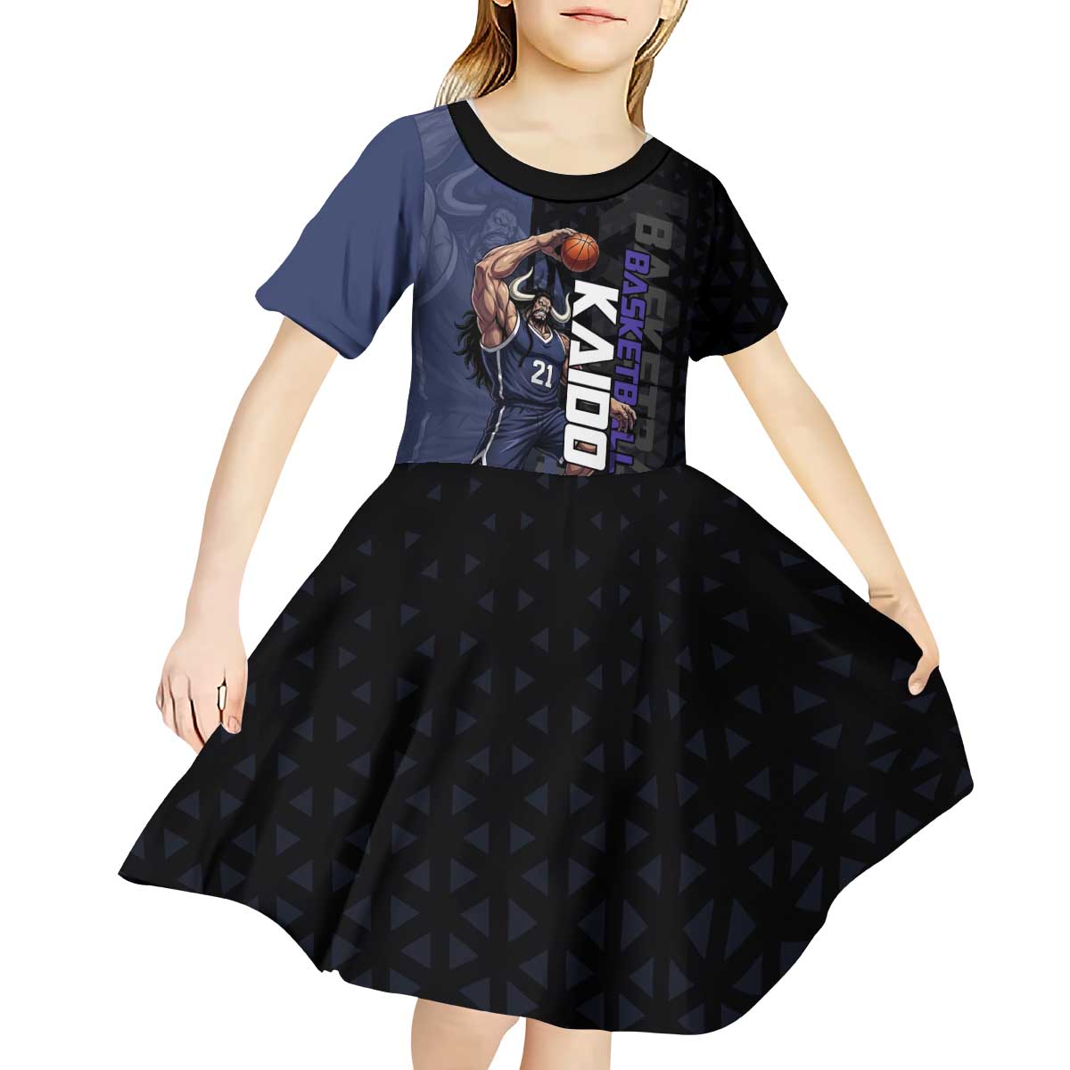 Kaido One Piece Basketball Theme Navy and Black Design Kid Short Sleeve Dress with Dragon Skull Emblem and Power Dunk Pose - The Mazicc