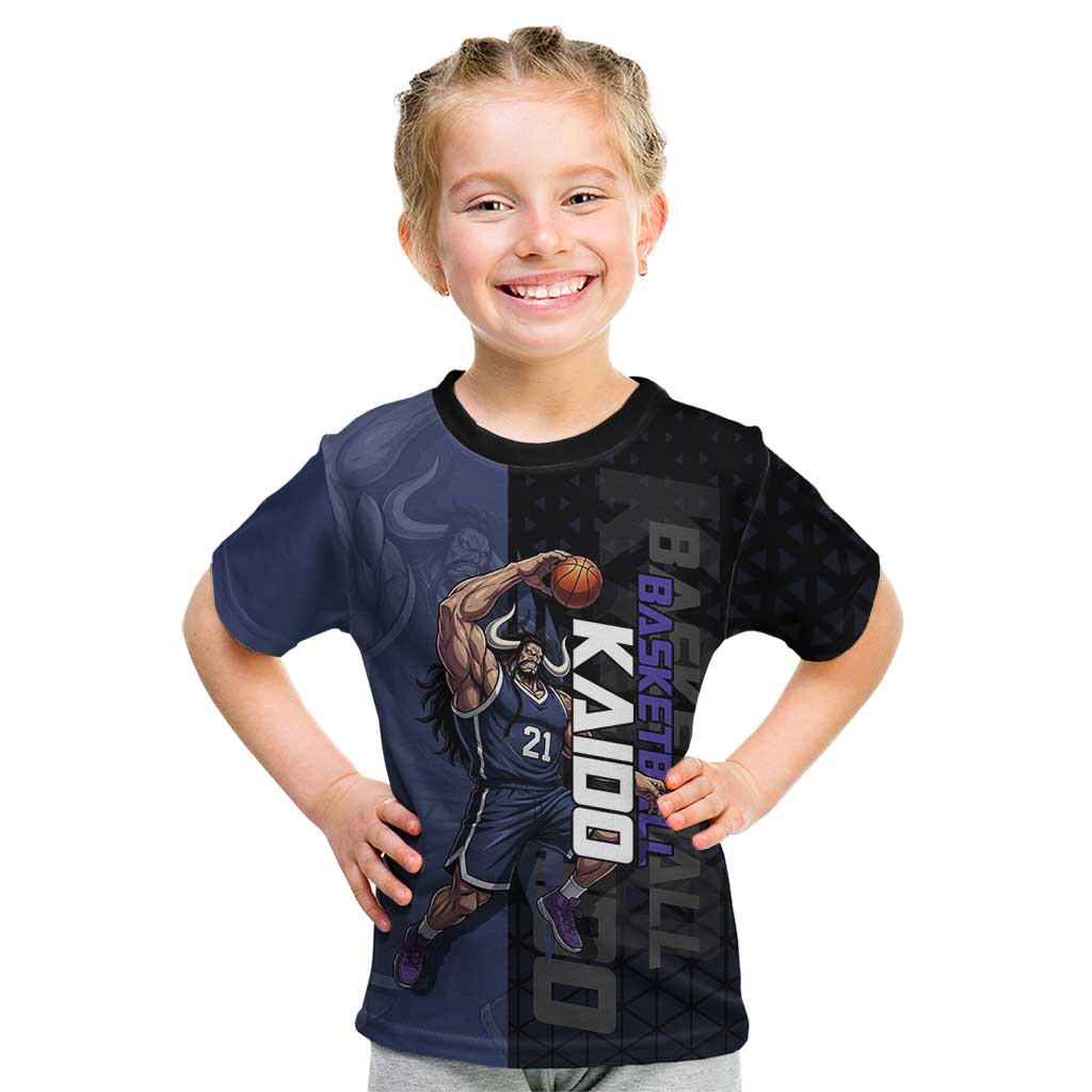Kaido One Piece Basketball Theme Navy and Black Design Kid T Shirt with Dragon Skull Emblem and Power Dunk Pose - The Mazicc