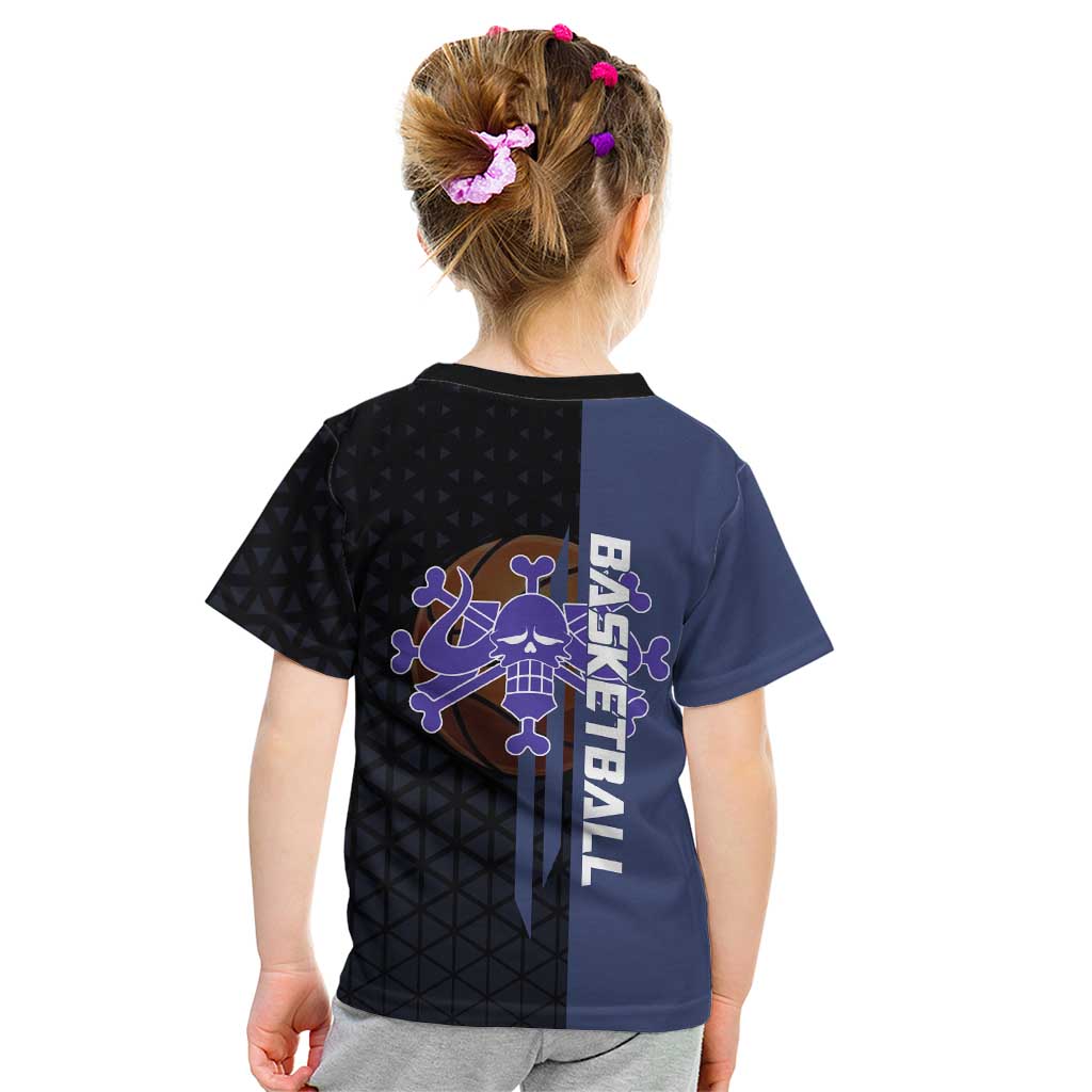 Kaido One Piece Basketball Theme Navy and Black Design Kid T Shirt with Dragon Skull Emblem and Power Dunk Pose - The Mazicc