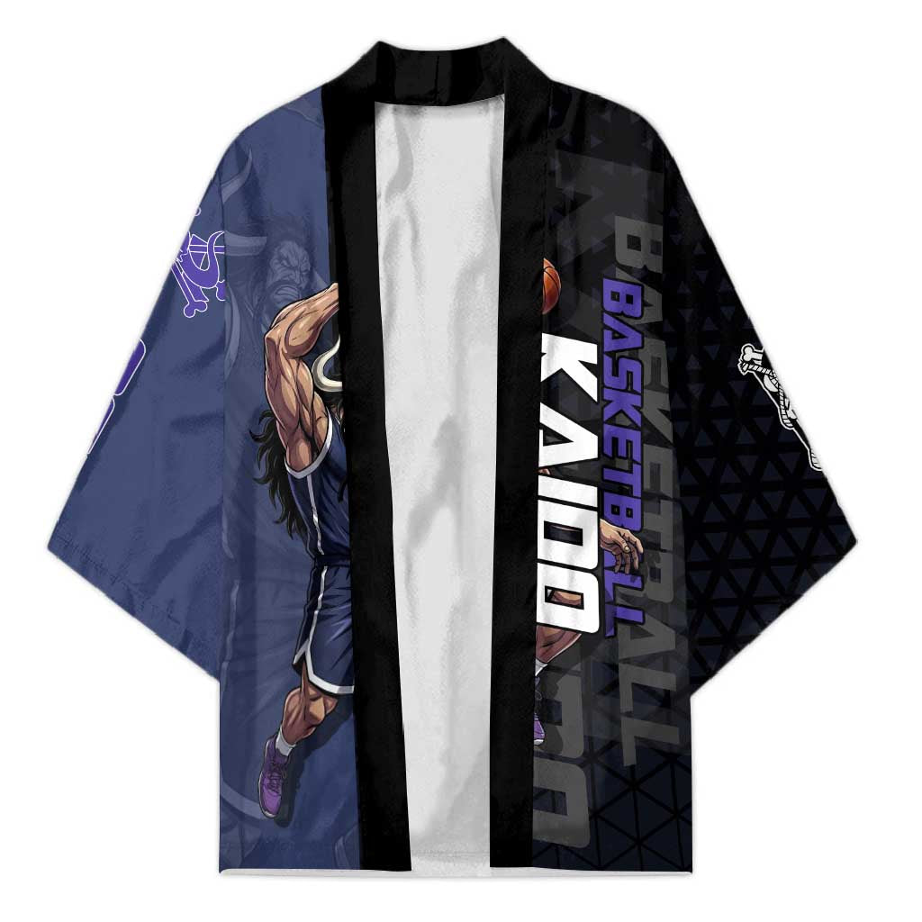 Kaido One Piece Basketball Theme Navy and Black Design Kimono with Dragon Skull Emblem and Power Dunk Pose - The Mazicc