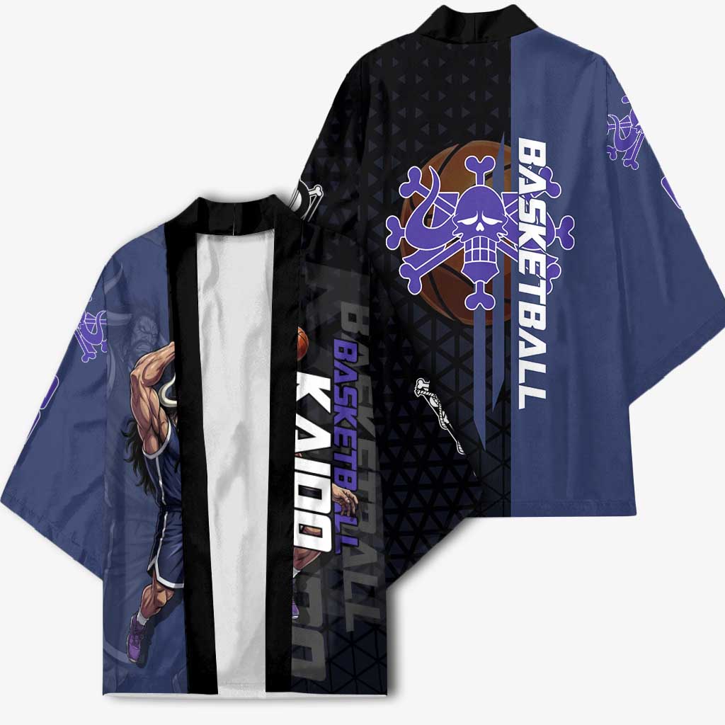 Kaido One Piece Basketball Theme Navy and Black Design Kimono with Dragon Skull Emblem and Power Dunk Pose - The Mazicc