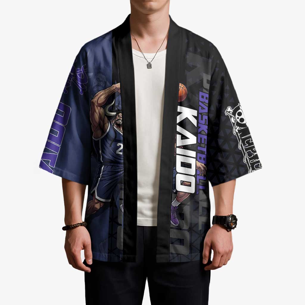 Kaido One Piece Basketball Theme Navy and Black Design Kimono with Dragon Skull Emblem and Power Dunk Pose - The Mazicc
