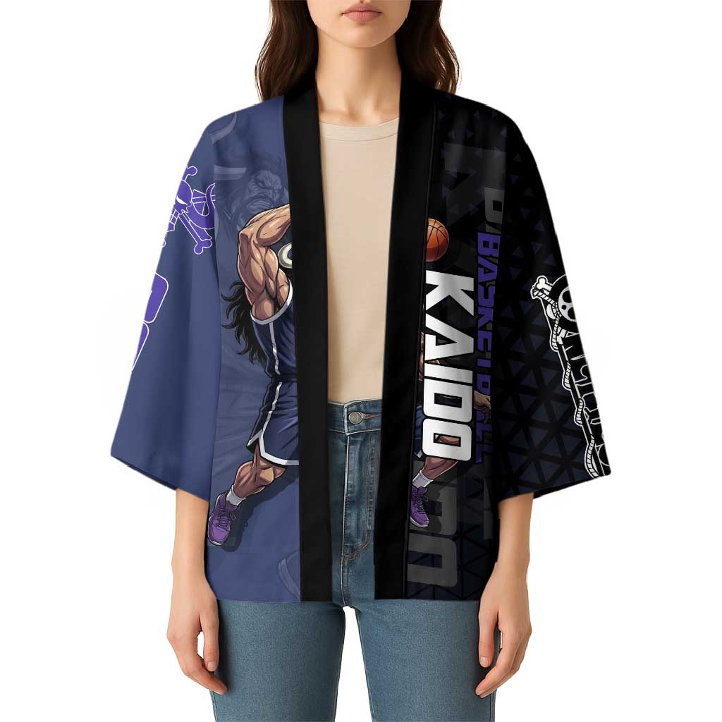 Kaido One Piece Basketball Theme Navy and Black Design Kimono with Dragon Skull Emblem and Power Dunk Pose - The Mazicc