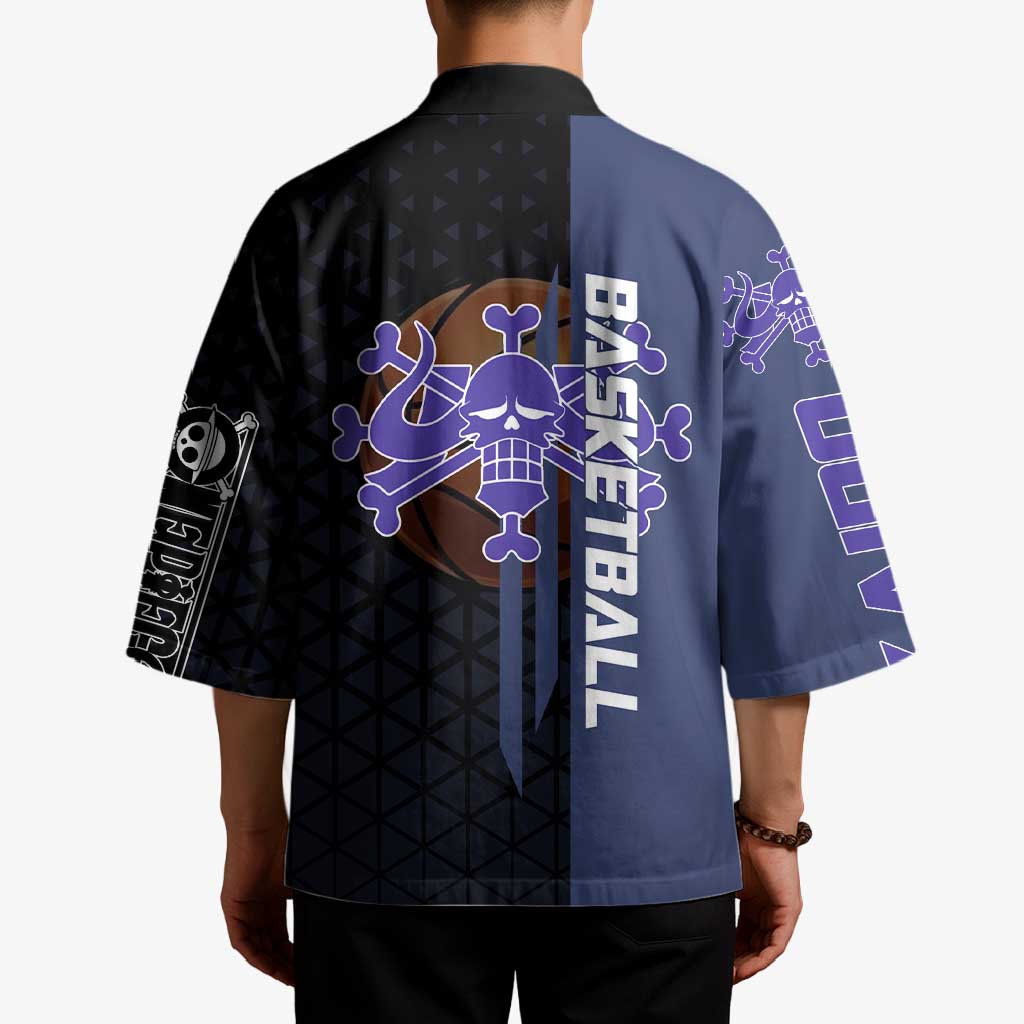 Kaido One Piece Basketball Theme Navy and Black Design Kimono with Dragon Skull Emblem and Power Dunk Pose - The Mazicc