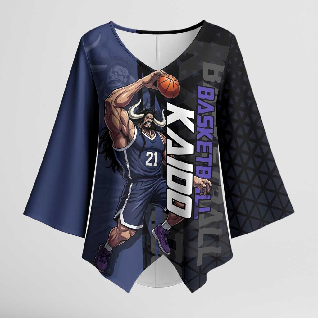 Kaido One Piece Basketball Theme Navy and Black Design Kimono Sleeve Blouse with Dragon Skull Emblem and Power Dunk Pose - The Mazicc