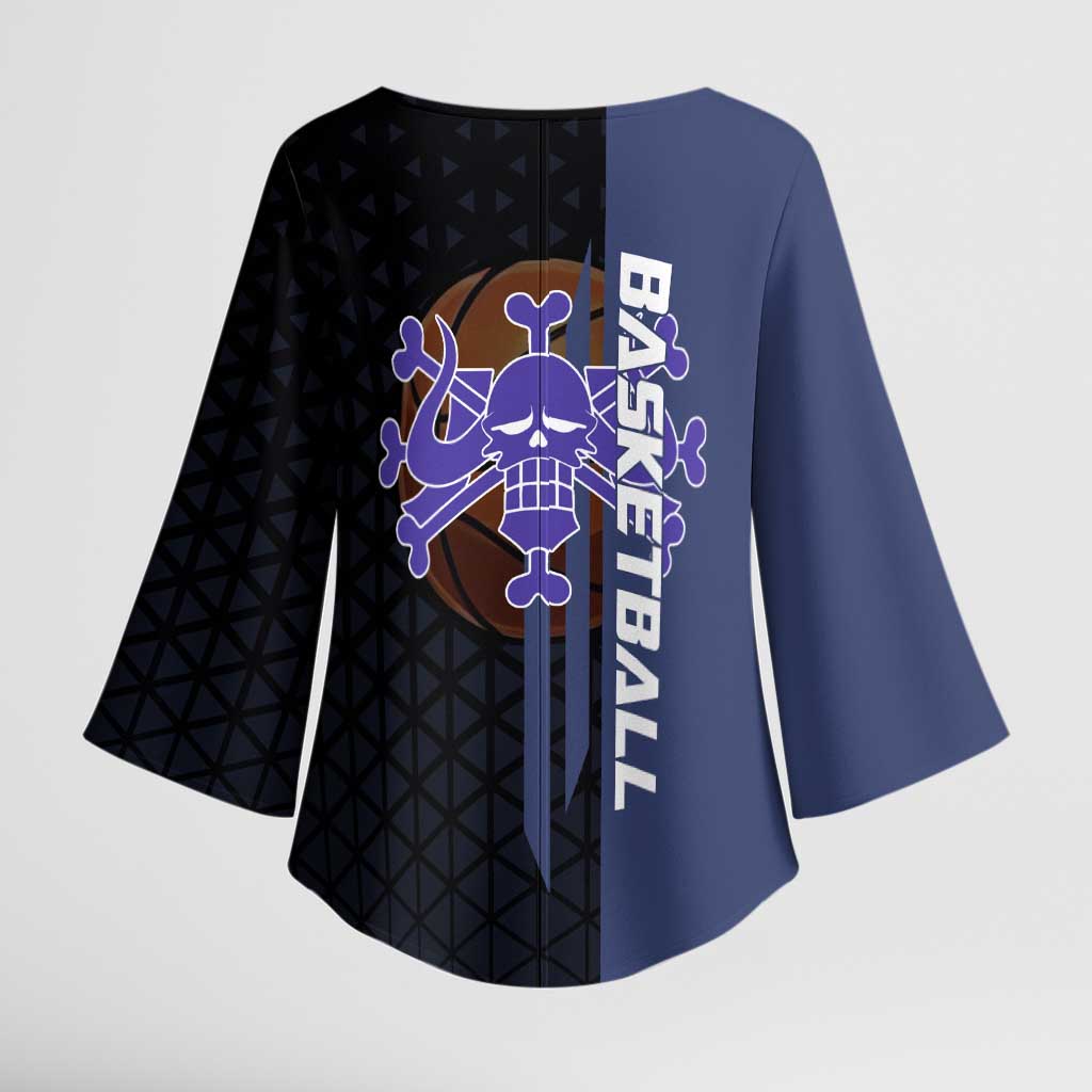 Kaido One Piece Basketball Theme Navy and Black Design Kimono Sleeve Blouse with Dragon Skull Emblem and Power Dunk Pose - The Mazicc