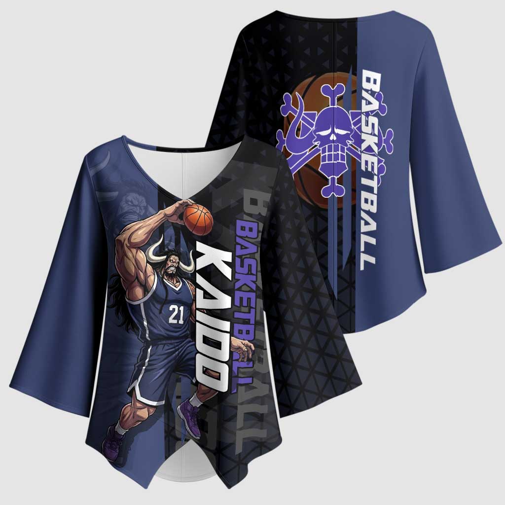 Kaido One Piece Basketball Theme Navy and Black Design Kimono Sleeve Blouse with Dragon Skull Emblem and Power Dunk Pose - The Mazicc