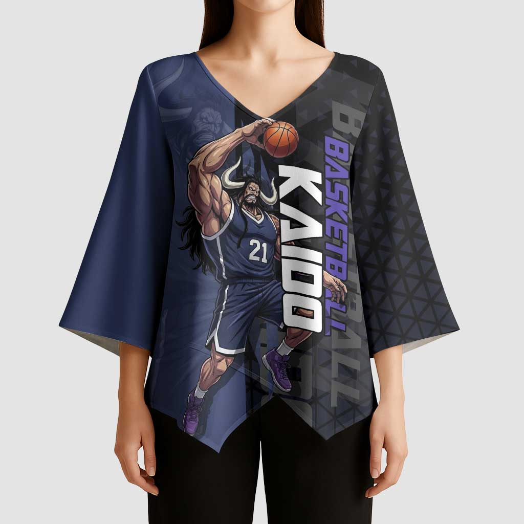 Kaido One Piece Basketball Theme Navy and Black Design Kimono Sleeve Blouse with Dragon Skull Emblem and Power Dunk Pose - The Mazicc