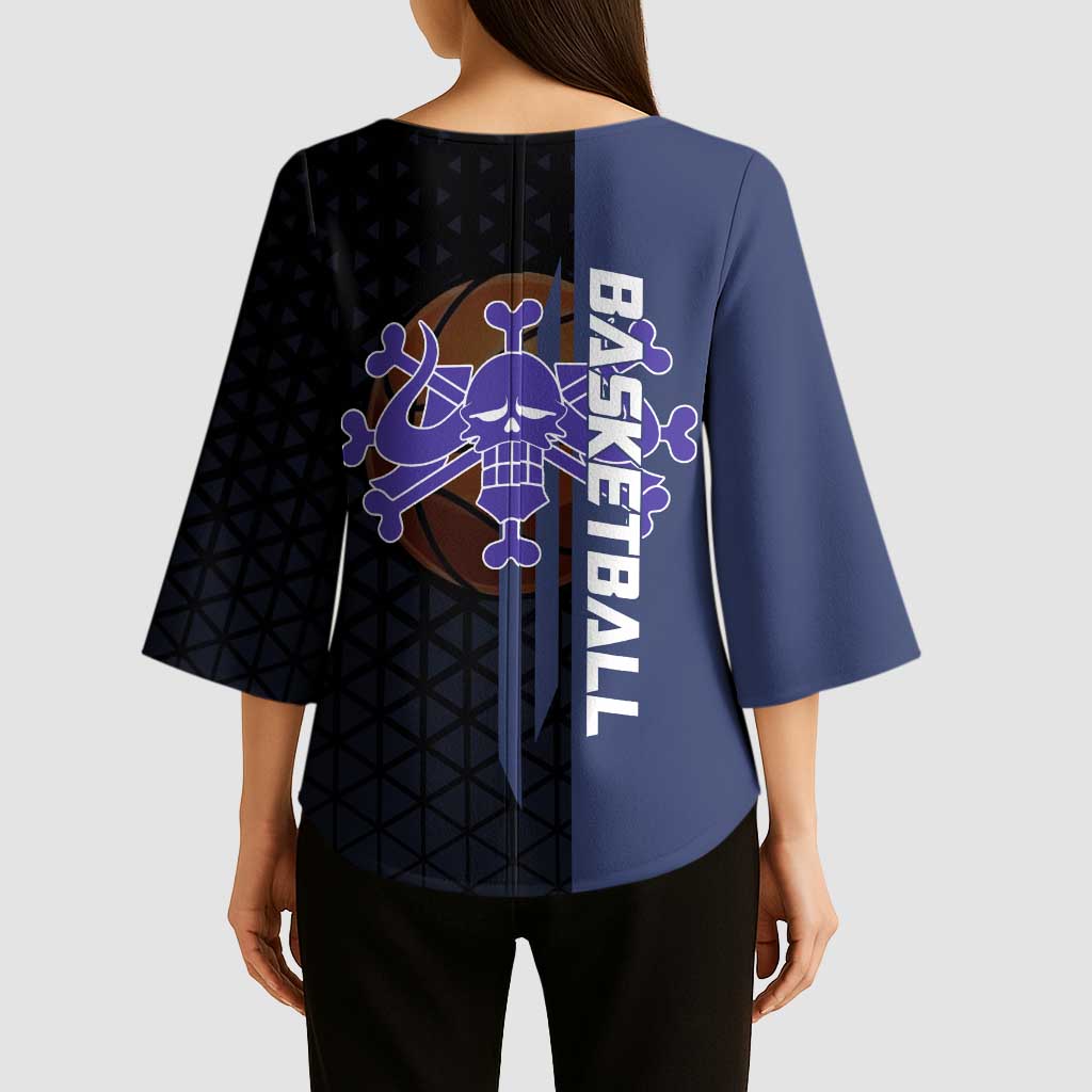 Kaido One Piece Basketball Theme Navy and Black Design Kimono Sleeve Blouse with Dragon Skull Emblem and Power Dunk Pose - The Mazicc