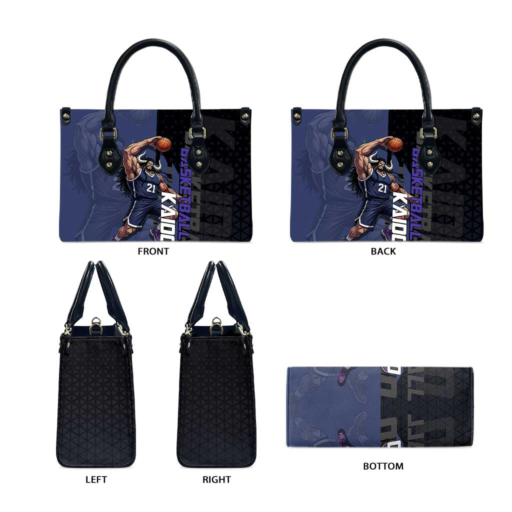 Kaido One Piece Basketball Theme Navy and Black Design Leather Bag with Dragon Skull Emblem and Power Dunk Pose - The Mazicc
