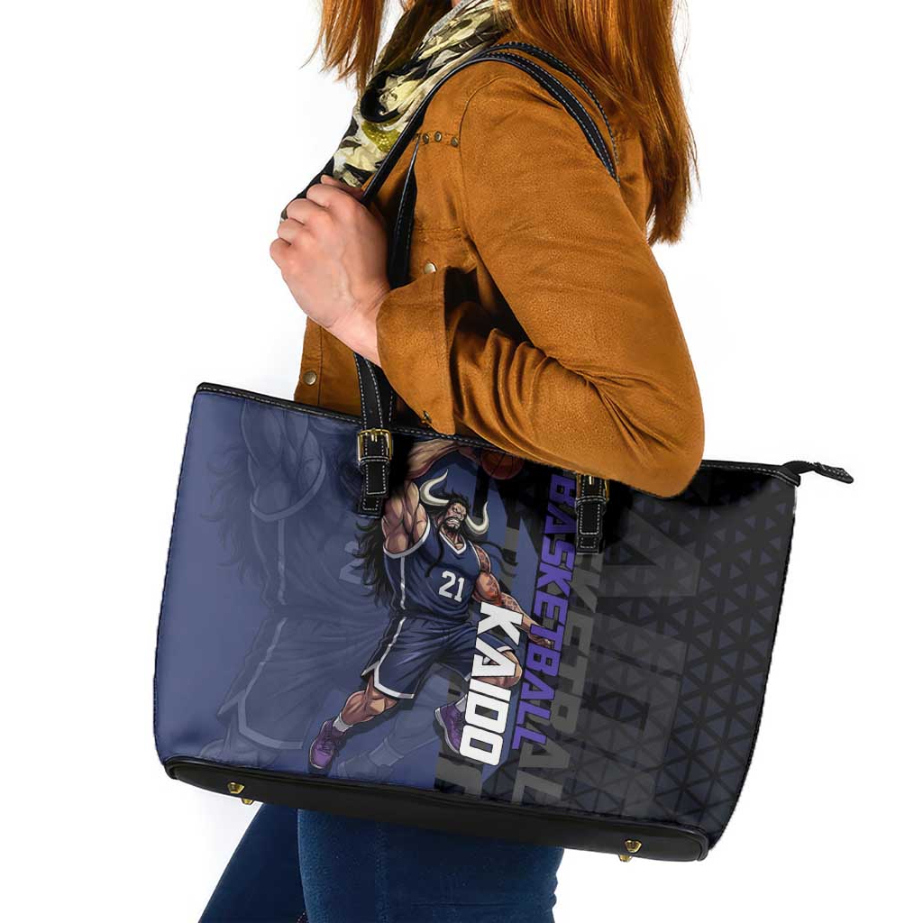 Kaido One Piece Basketball Theme Navy and Black Design Leather Tote Bag with Dragon Skull Emblem and Power Dunk Pose - The Mazicc