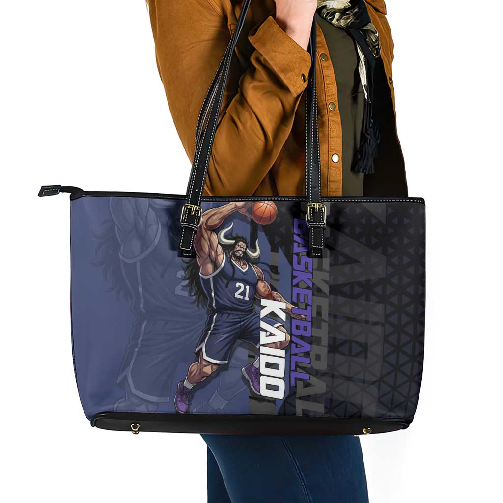 Kaido One Piece Basketball Theme Navy and Black Design Leather Tote Bag with Dragon Skull Emblem and Power Dunk Pose - The Mazicc