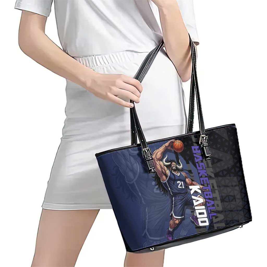 Kaido One Piece Basketball Theme Navy and Black Design Leather Tote Bag with Dragon Skull Emblem and Power Dunk Pose - The Mazicc