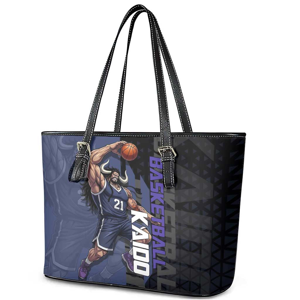 Kaido One Piece Basketball Theme Navy and Black Design Leather Tote Bag with Dragon Skull Emblem and Power Dunk Pose - The Mazicc