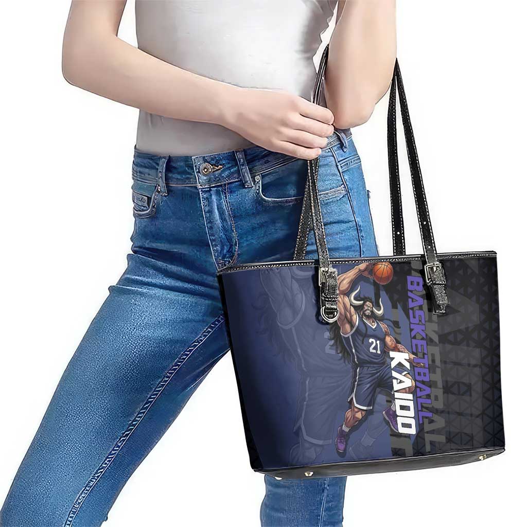Kaido One Piece Basketball Theme Navy and Black Design Leather Tote Bag with Dragon Skull Emblem and Power Dunk Pose - The Mazicc