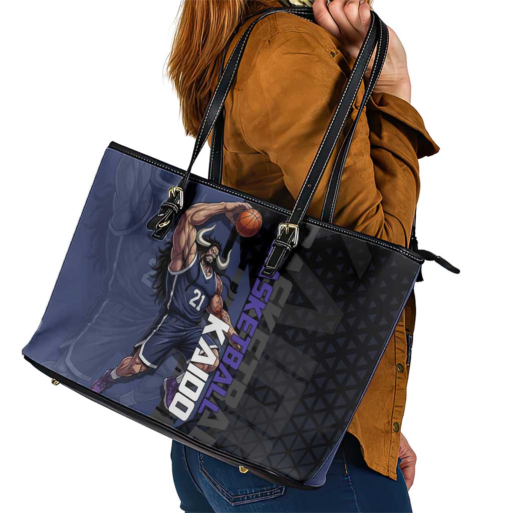 Kaido One Piece Basketball Theme Navy and Black Design Leather Tote Bag with Dragon Skull Emblem and Power Dunk Pose - The Mazicc
