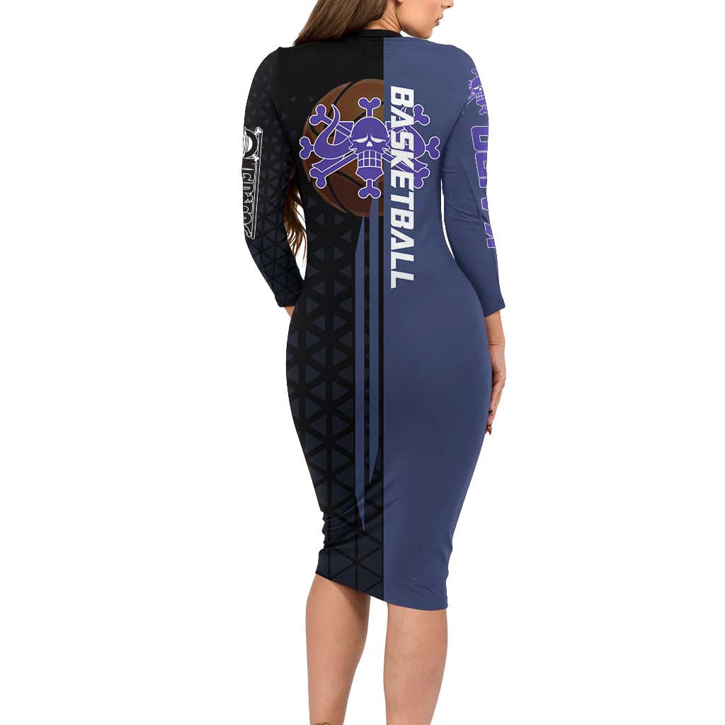 Kaido One Piece Basketball Theme Navy and Black Design Long Sleeve Bodycon Dress with Dragon Skull Emblem and Power Dunk Pose - The Mazicc