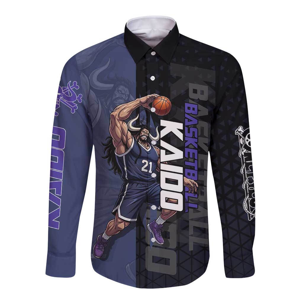 Kaido One Piece Basketball Theme Navy and Black Design Long Sleeve Button Shirt with Dragon Skull Emblem and Power Dunk Pose - The Mazicc