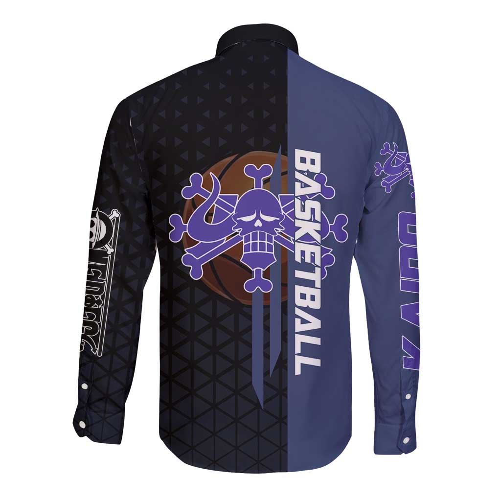 Kaido One Piece Basketball Theme Navy and Black Design Long Sleeve Button Shirt with Dragon Skull Emblem and Power Dunk Pose - The Mazicc