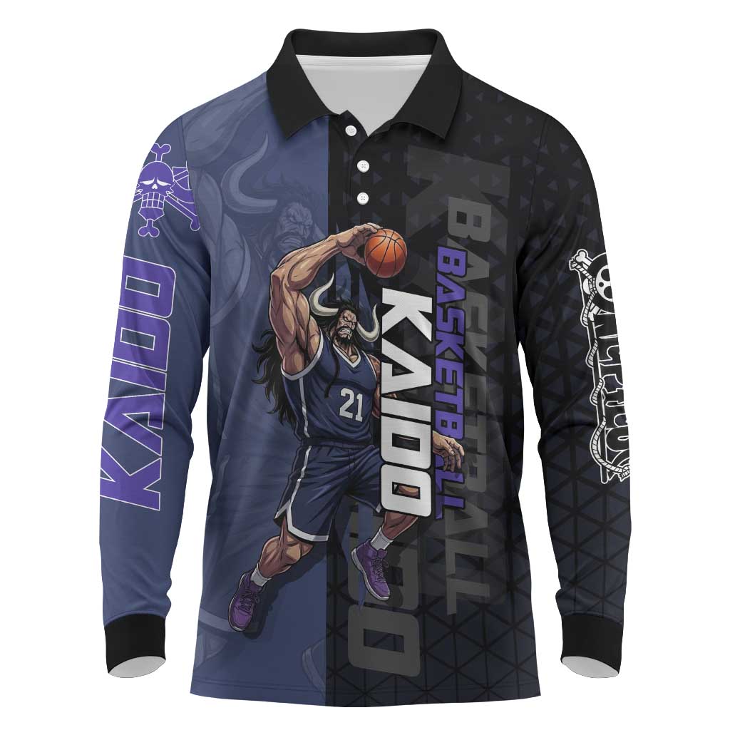 Kaido One Piece Basketball Theme Navy and Black Design Long Sleeve Polo Shirt with Dragon Skull Emblem and Power Dunk Pose - The Mazicc