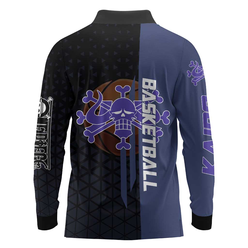 Kaido One Piece Basketball Theme Navy and Black Design Long Sleeve Polo Shirt with Dragon Skull Emblem and Power Dunk Pose - The Mazicc