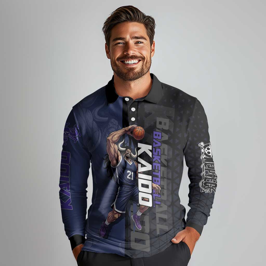 Kaido One Piece Basketball Theme Navy and Black Design Long Sleeve Polo Shirt with Dragon Skull Emblem and Power Dunk Pose - The Mazicc