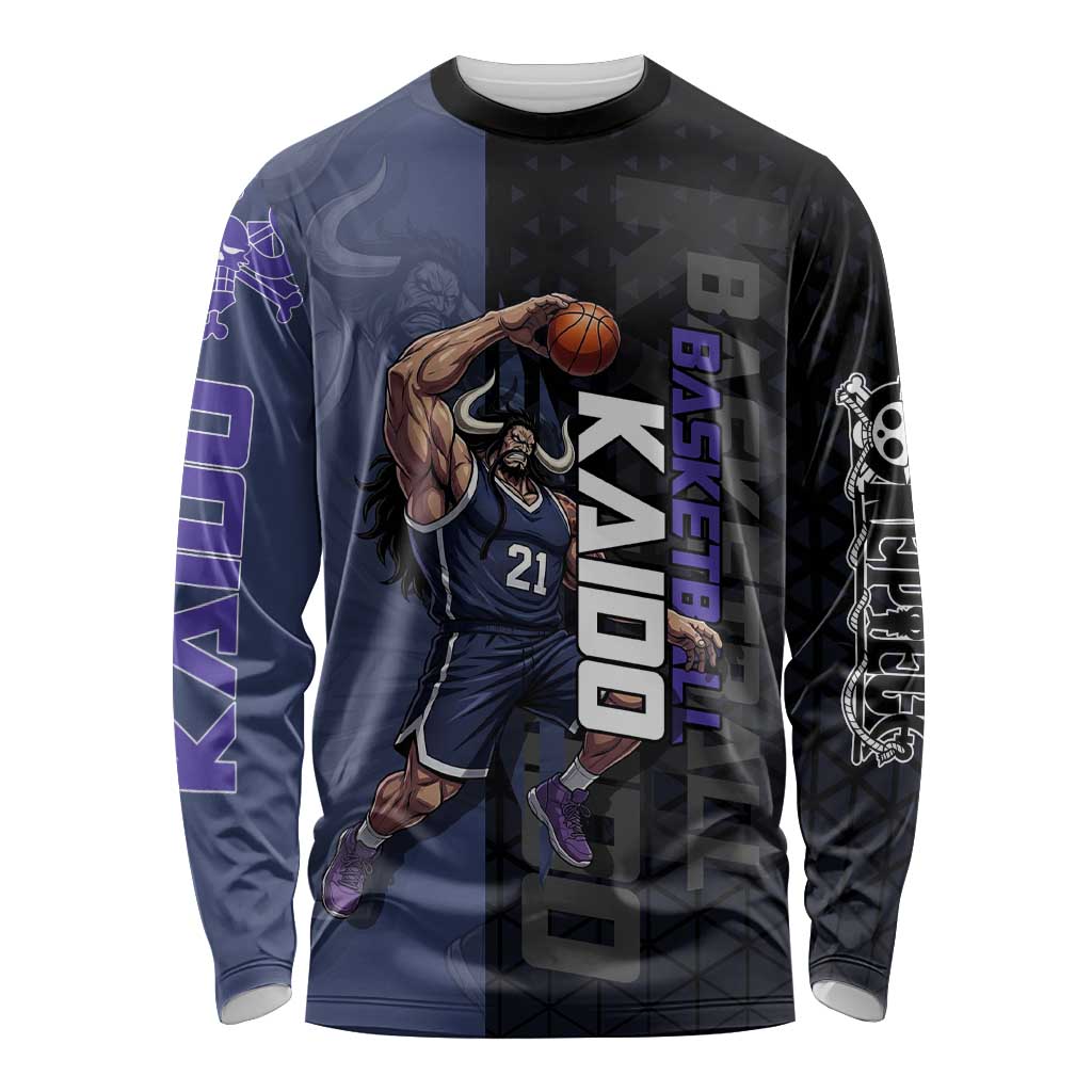 Kaido One Piece Basketball Theme Navy and Black Design Long Sleeve Shirt with Dragon Skull Emblem and Power Dunk Pose - The Mazicc