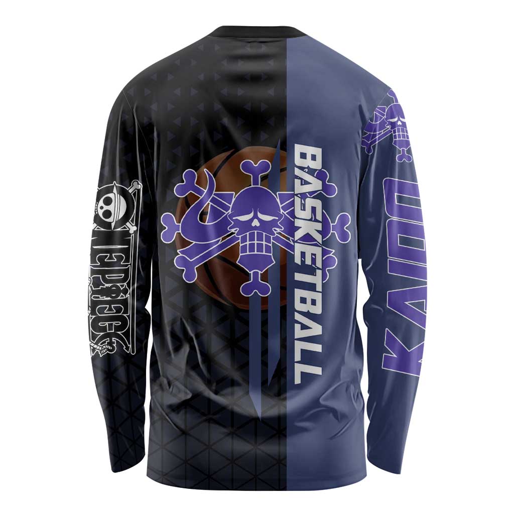 Kaido One Piece Basketball Theme Navy and Black Design Long Sleeve Shirt with Dragon Skull Emblem and Power Dunk Pose - The Mazicc