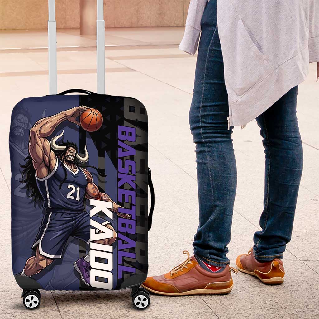 Kaido One Piece Basketball Theme Navy and Black Design Luggage Cover with Dragon Skull Emblem and Power Dunk Pose - The Mazicc