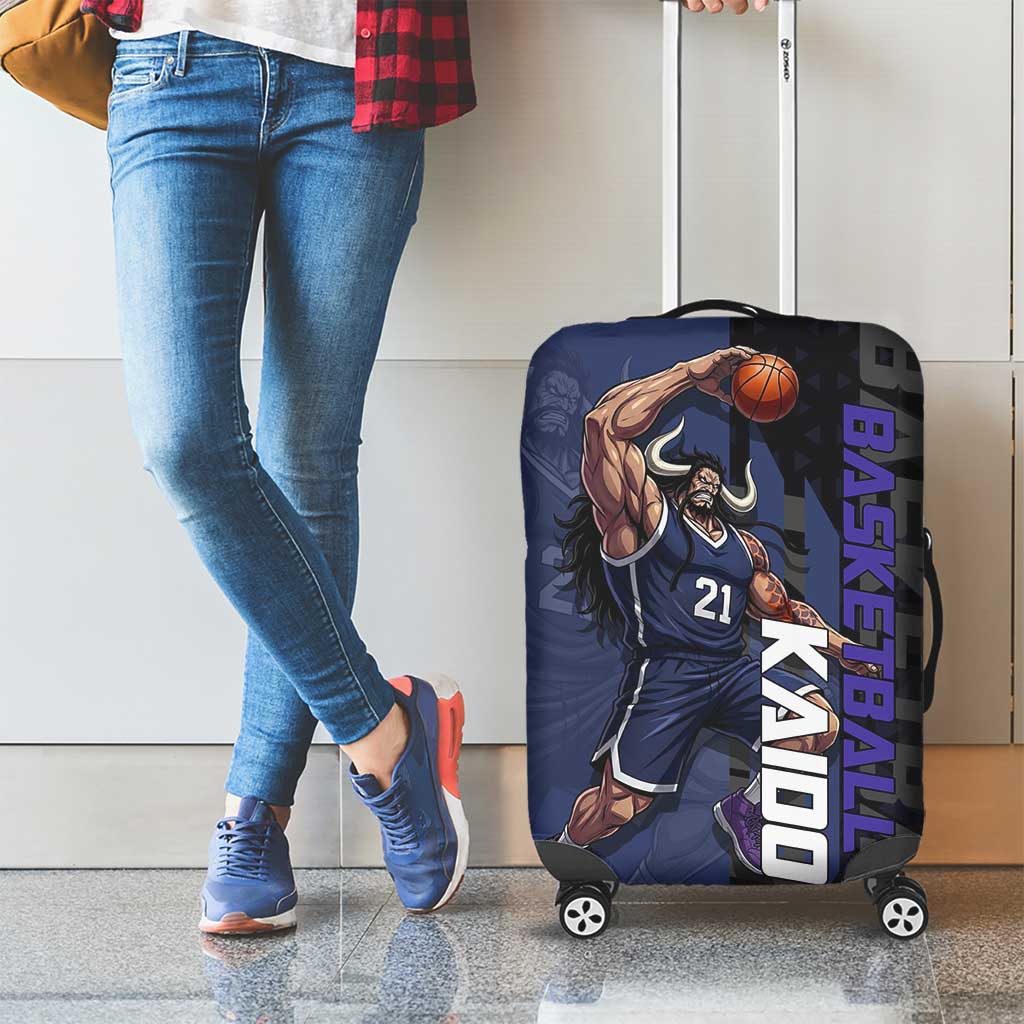 Kaido One Piece Basketball Theme Navy and Black Design Luggage Cover with Dragon Skull Emblem and Power Dunk Pose - The Mazicc