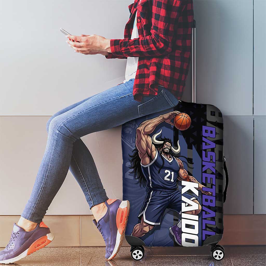 Kaido One Piece Basketball Theme Navy and Black Design Luggage Cover with Dragon Skull Emblem and Power Dunk Pose - The Mazicc