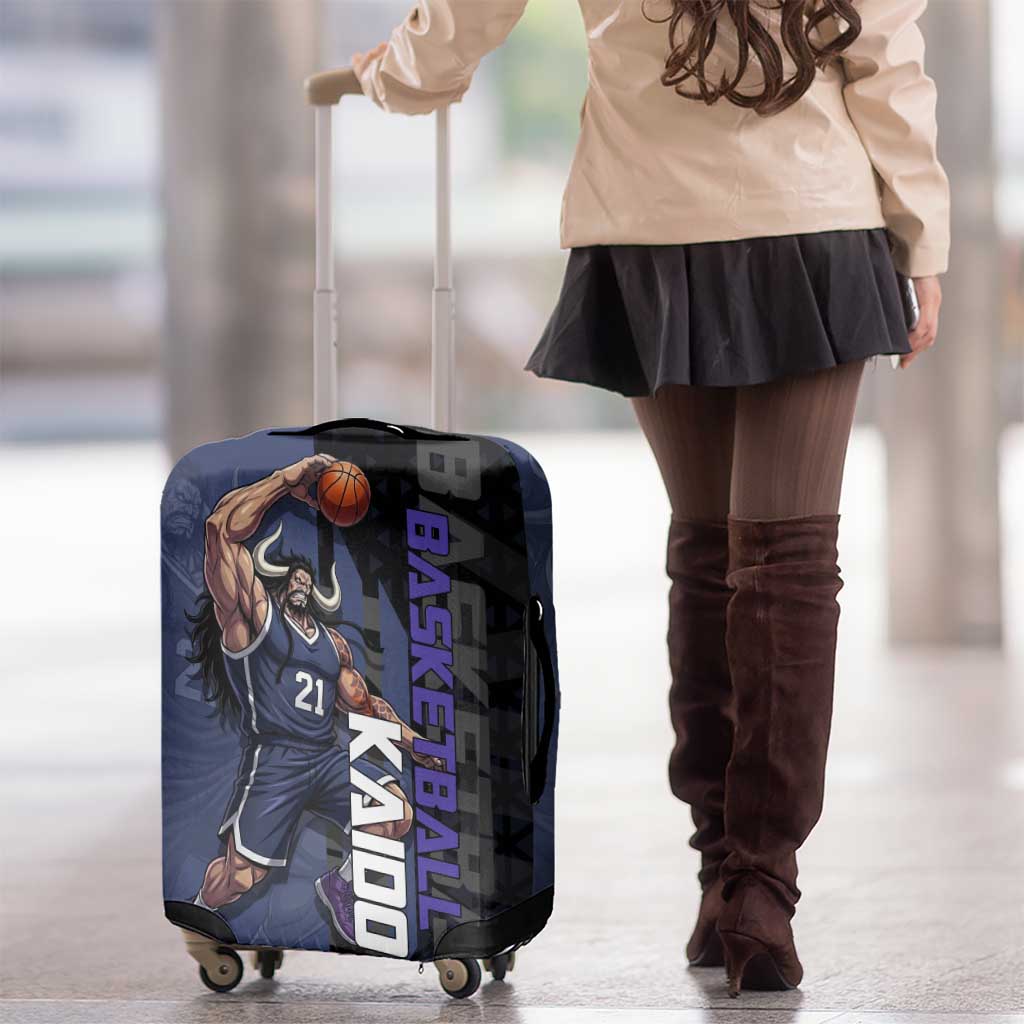 Kaido One Piece Basketball Theme Navy and Black Design Luggage Cover with Dragon Skull Emblem and Power Dunk Pose - The Mazicc