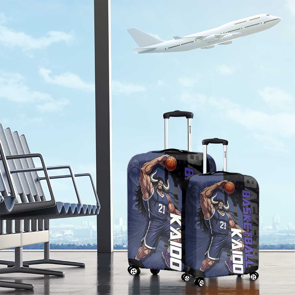 Kaido One Piece Basketball Theme Navy and Black Design Luggage Cover with Dragon Skull Emblem and Power Dunk Pose - The Mazicc
