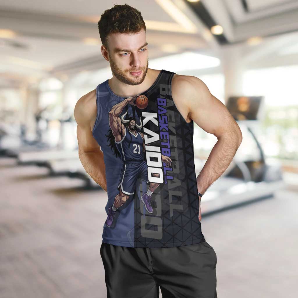 Kaido One Piece Basketball Theme Navy and Black Design Men Tank Top with Dragon Skull Emblem and Power Dunk Pose - The Mazicc