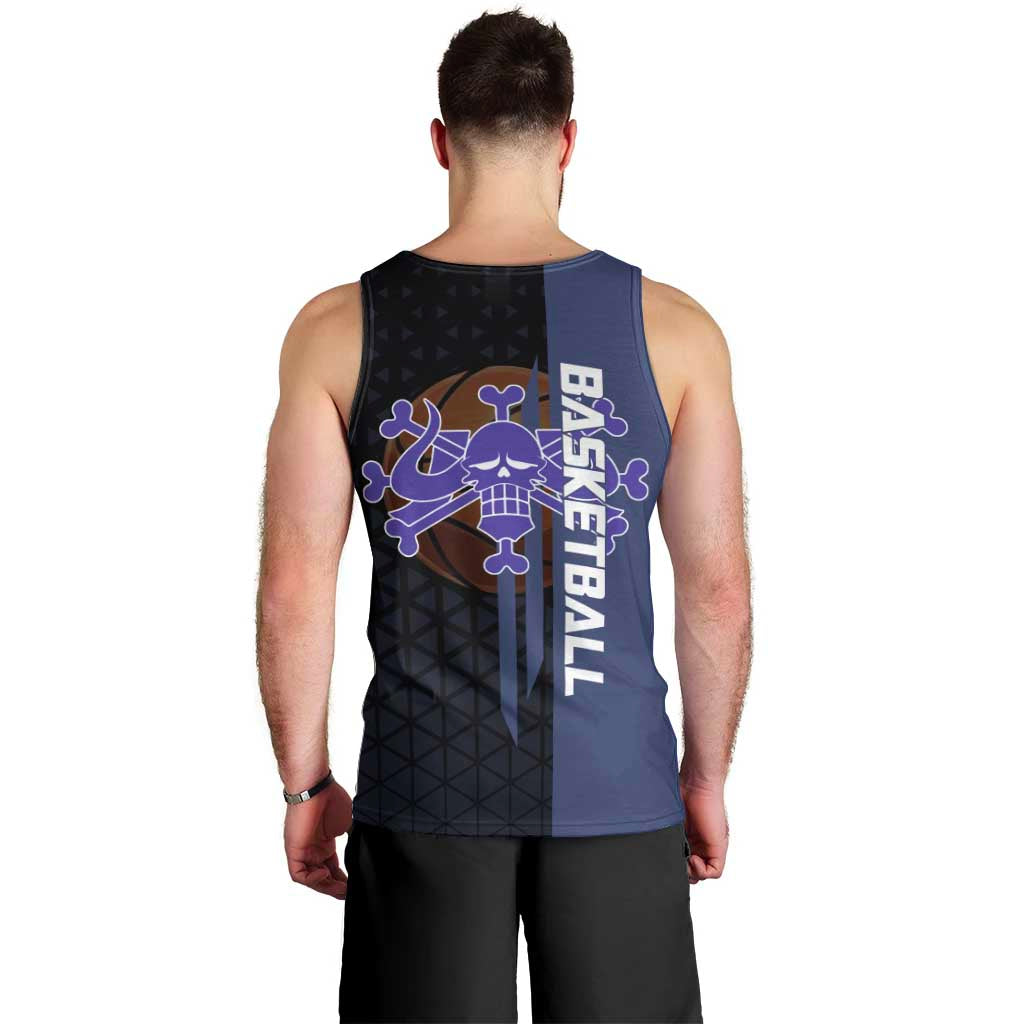Kaido One Piece Basketball Theme Navy and Black Design Men Tank Top with Dragon Skull Emblem and Power Dunk Pose - The Mazicc