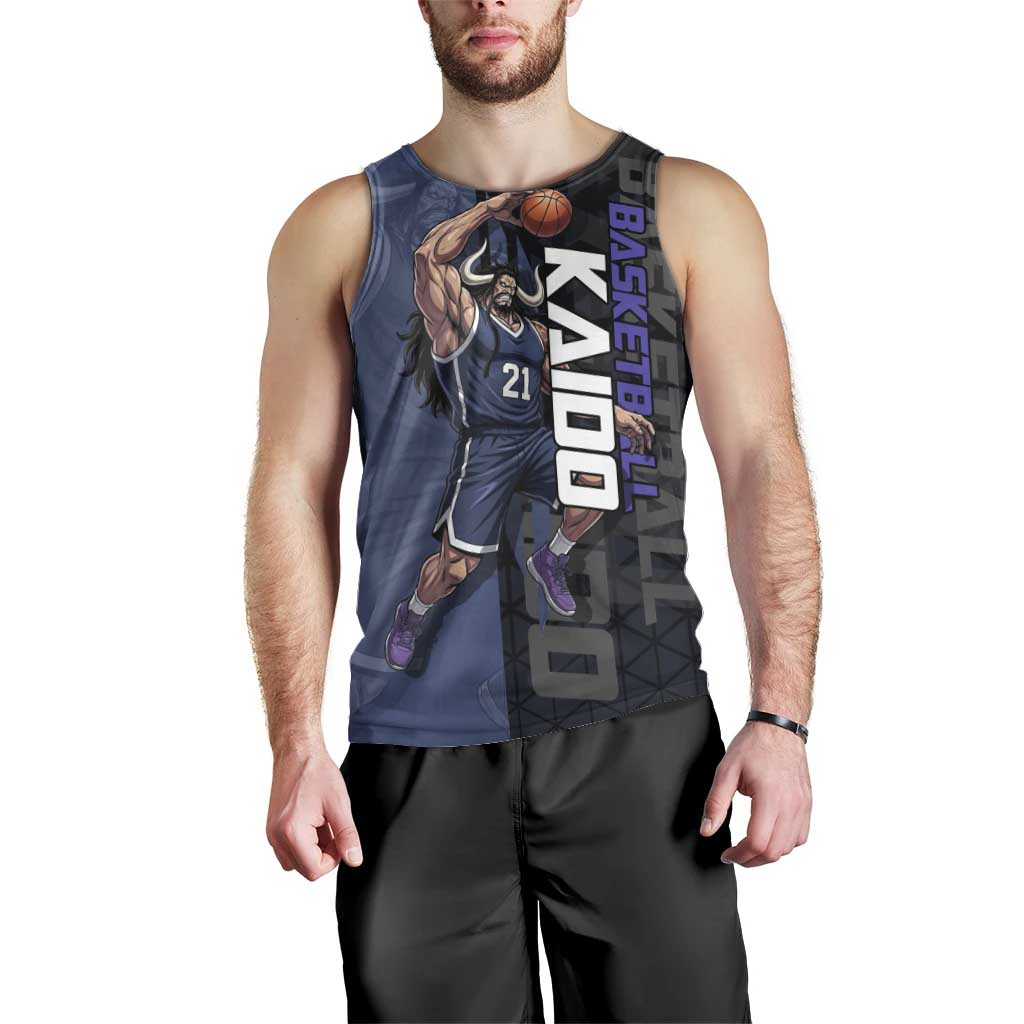Kaido One Piece Basketball Theme Navy and Black Design Men Tank Top with Dragon Skull Emblem and Power Dunk Pose - The Mazicc