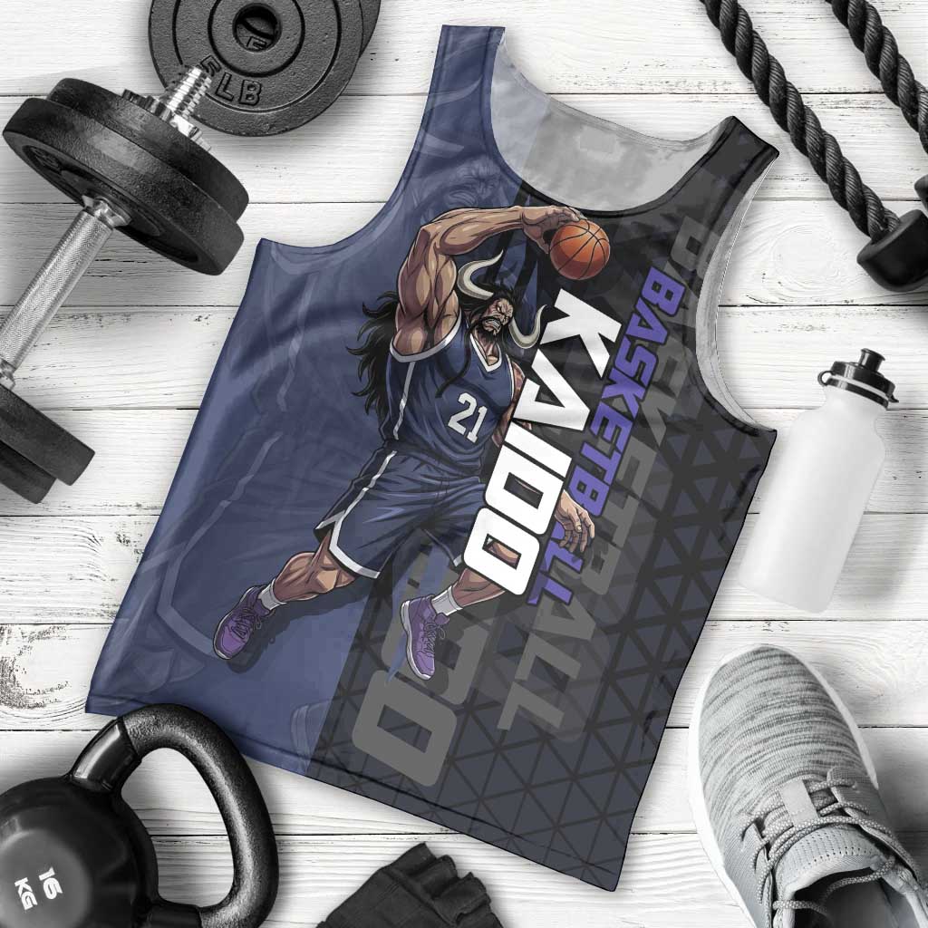 Kaido One Piece Basketball Theme Navy and Black Design Men Tank Top with Dragon Skull Emblem and Power Dunk Pose - The Mazicc