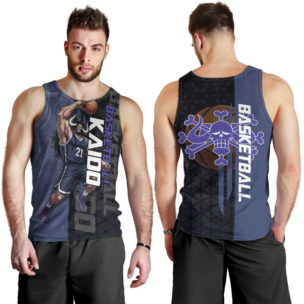 Kaido One Piece Basketball Theme Navy and Black Design Men Tank Top with Dragon Skull Emblem and Power Dunk Pose - The Mazicc