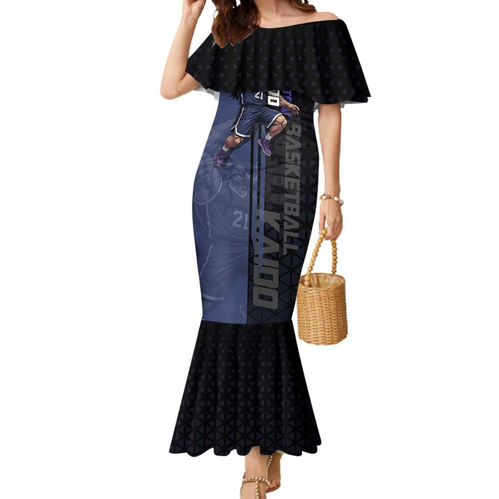Kaido One Piece Basketball Theme Navy and Black Design Mermaid Dress with Dragon Skull Emblem and Power Dunk Pose - The Mazicc