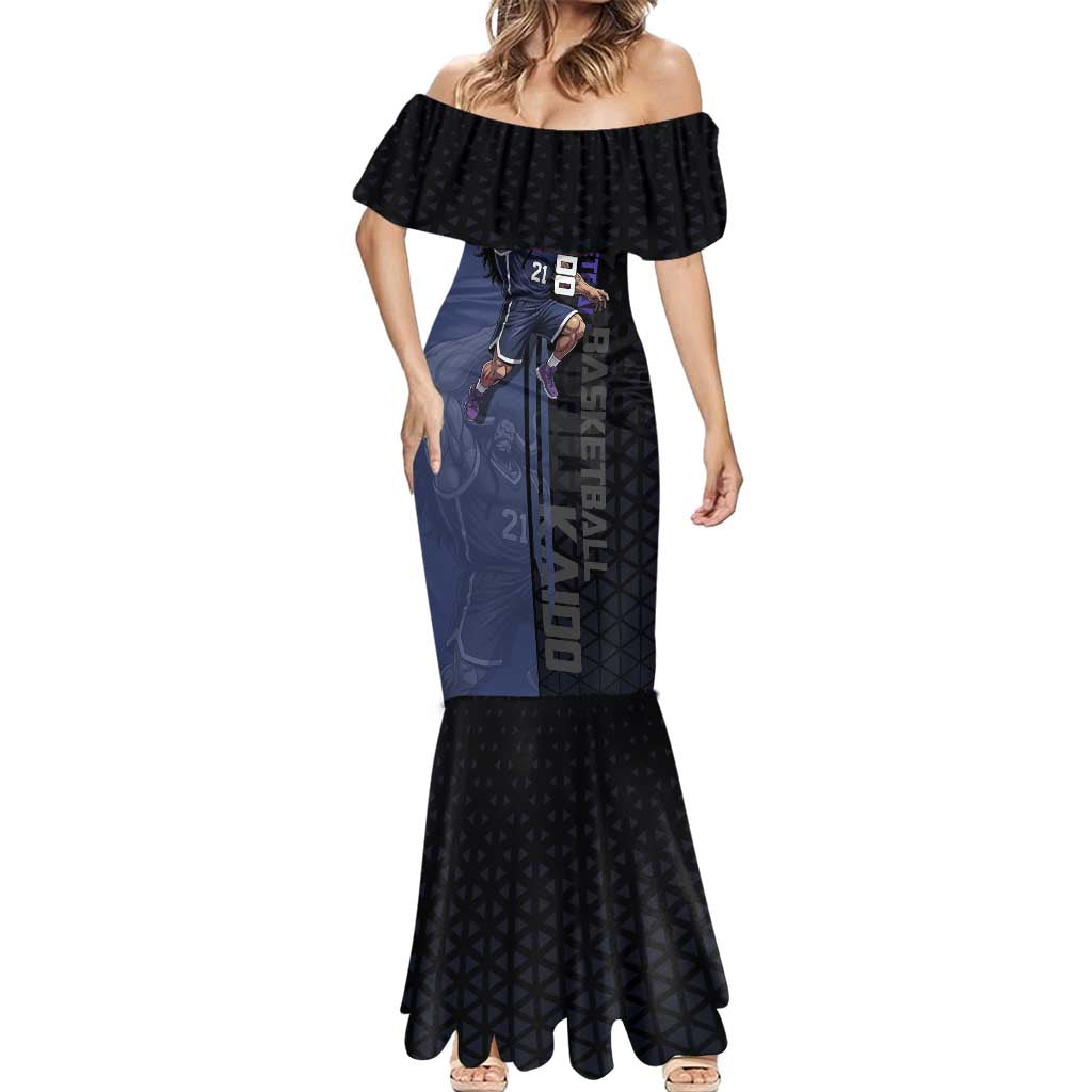 Kaido One Piece Basketball Theme Navy and Black Design Mermaid Dress with Dragon Skull Emblem and Power Dunk Pose - The Mazicc