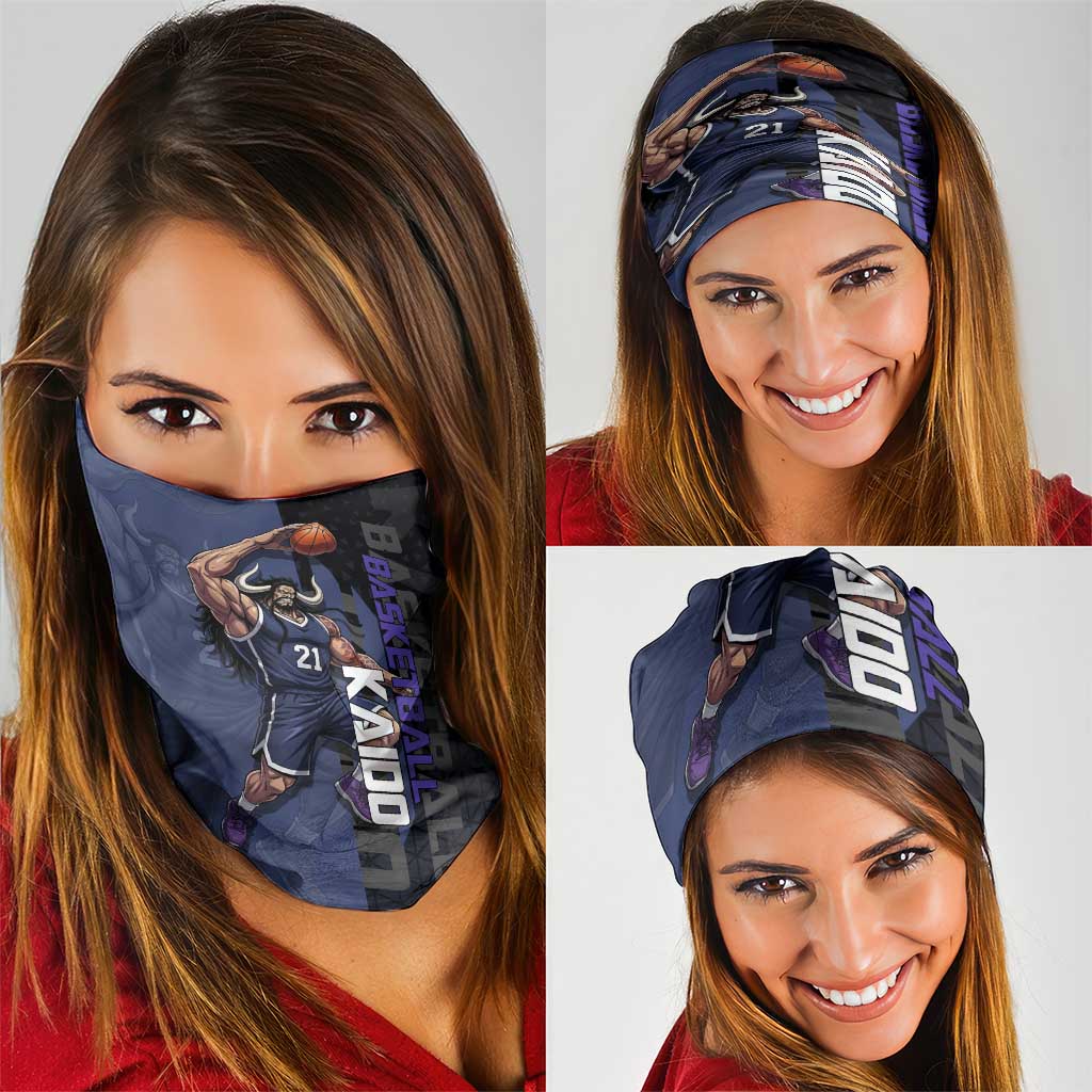Kaido One Piece Basketball Theme Navy and Black Design Neck Gaiter with Dragon Skull Emblem and Power Dunk Pose - The Mazicc