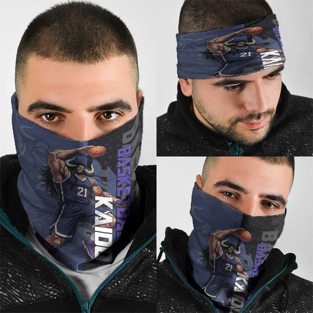 Kaido One Piece Basketball Theme Navy and Black Design Neck Gaiter with Dragon Skull Emblem and Power Dunk Pose - The Mazicc